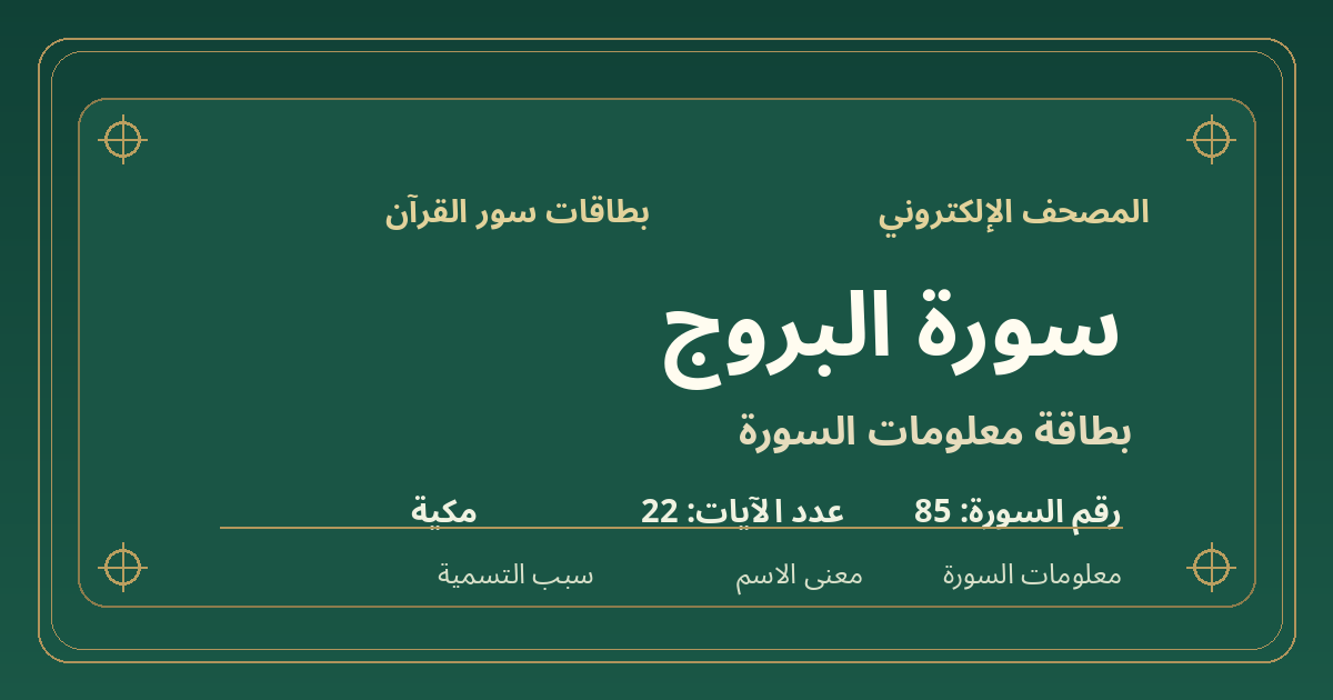 بطاقة معلومات سورة البروج: ترتيبها 85 وعدد آياتها 22 ونوعها مكية